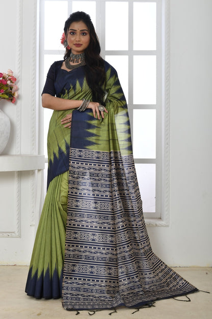 Light Green &amp; Blue Tussar Silk Saree With Printed Work