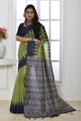 Light Green & Blue Tussar Silk Saree With Printed Work