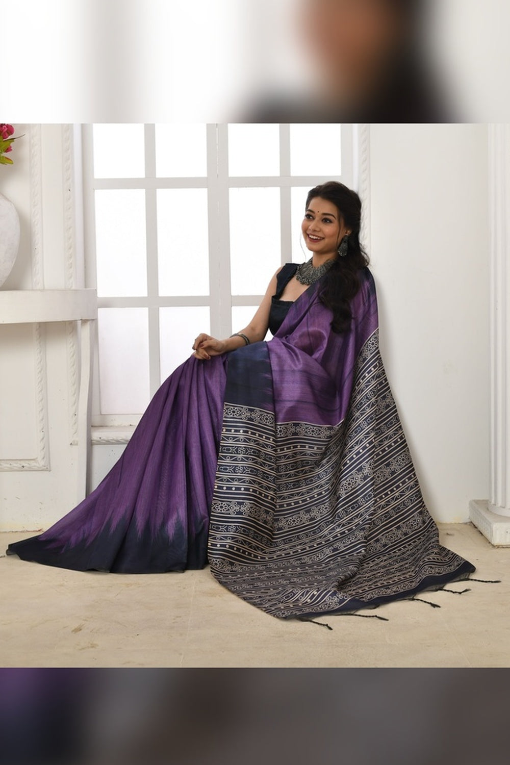 Purple Tussar Silk Saree With Printed Work