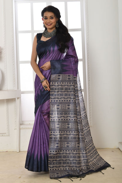 Purple Tussar Silk Saree With Printed Work