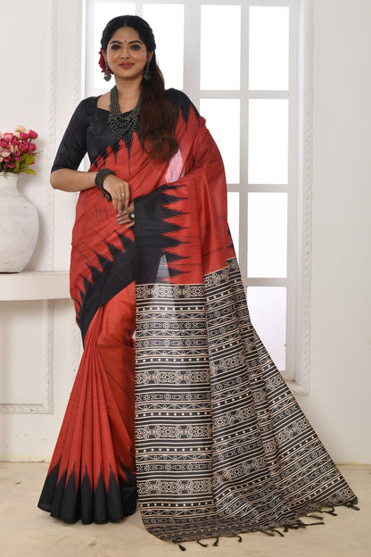 Red &amp; Black Tussar Silk Saree With Printed Work