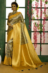 Yellow Soft Silk  Kalamkari Saree With Weaving & Patola Printed Work