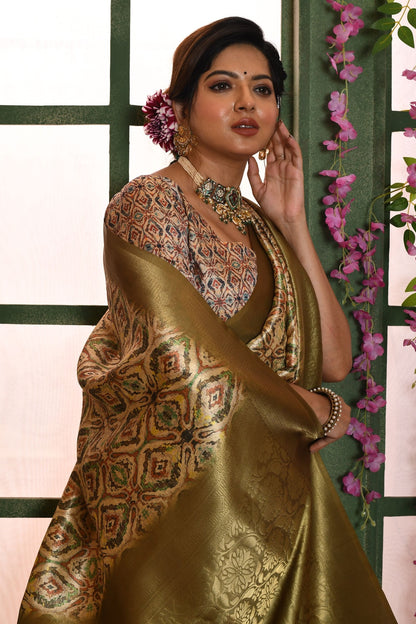 Mehendi Green Soft Silk Saree With Weaving &amp; Patola Printed Work