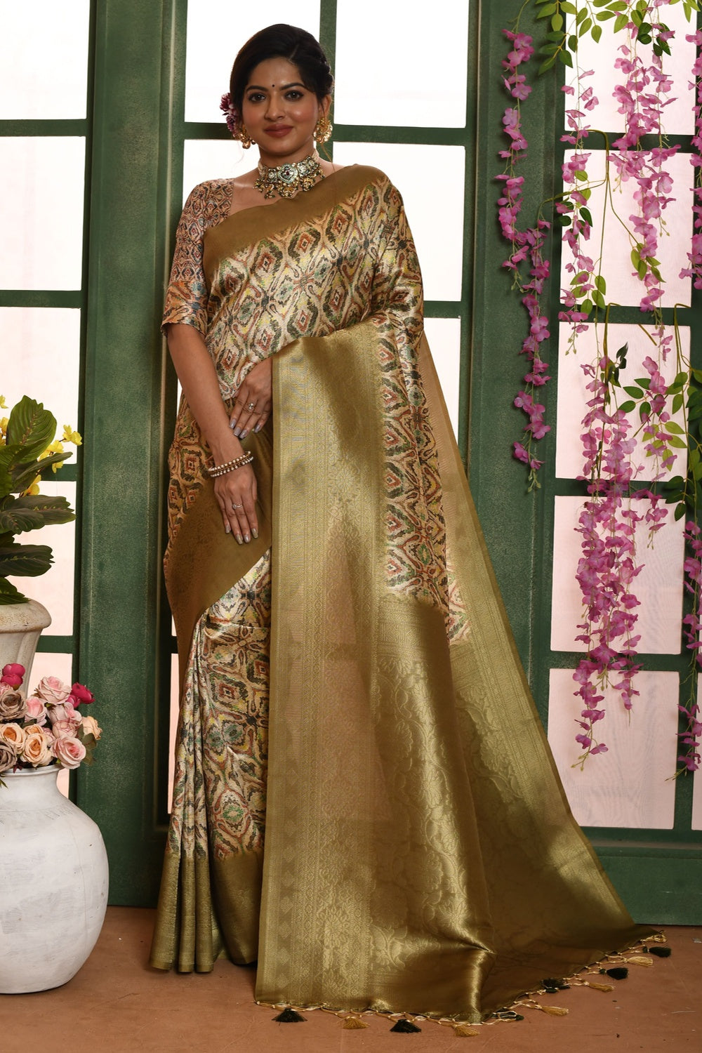 Mehendi Green Soft Silk Saree With Weaving &amp; Patola Printed Work