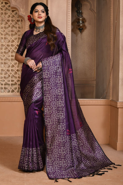 Purple Handloom Silk Saree With Weaving Work