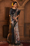 Cream & Black Tussar Silk Saree With Kalamkari Printed Work