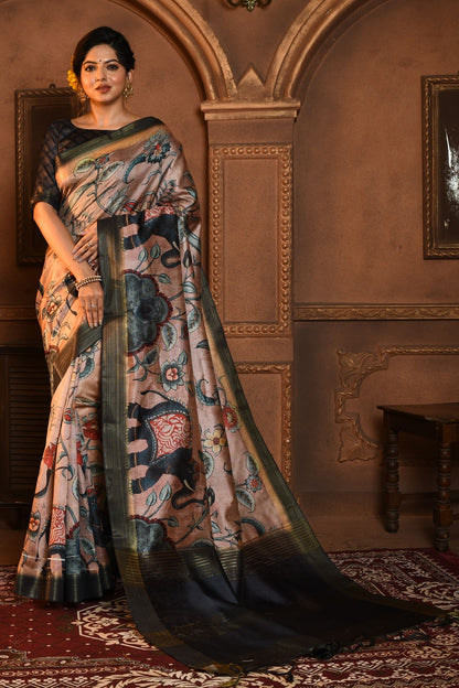 Cream &amp; Black Tussar Silk Saree With Kalamkari Printed Work