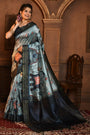 Sky Blue & Navy Blue Tussar Silk Saree With Kalamkari Printed Work