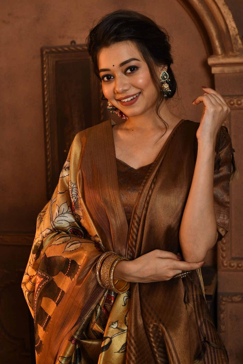 Yellow &amp; Brown Tussar Silk Saree With Kalamkari Printed Work