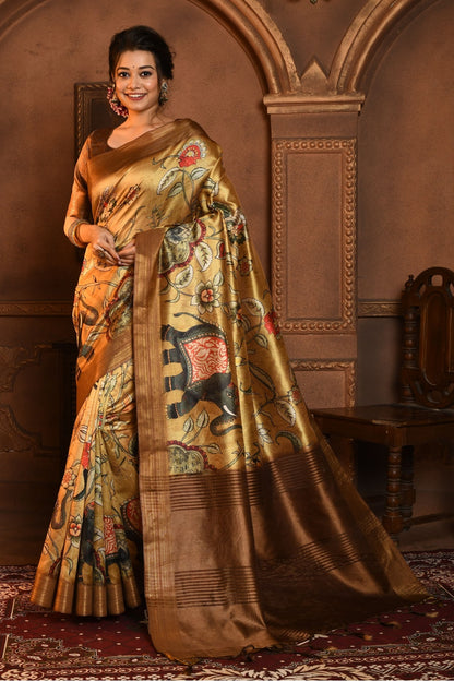 Yellow &amp; Brown Tussar Silk Saree With Kalamkari Printed Work
