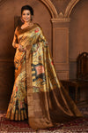 Yellow & Brown Tussar Silk Saree With Kalamkari Printed Work