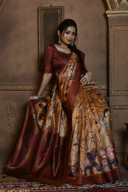 Brown Tussar Silk Saree With Kalamkari Printed Work