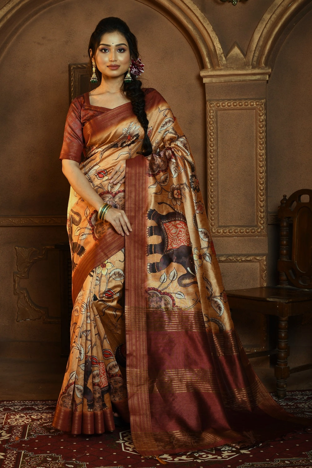 Brown Tussar Silk Saree With Kalamkari Printed Work