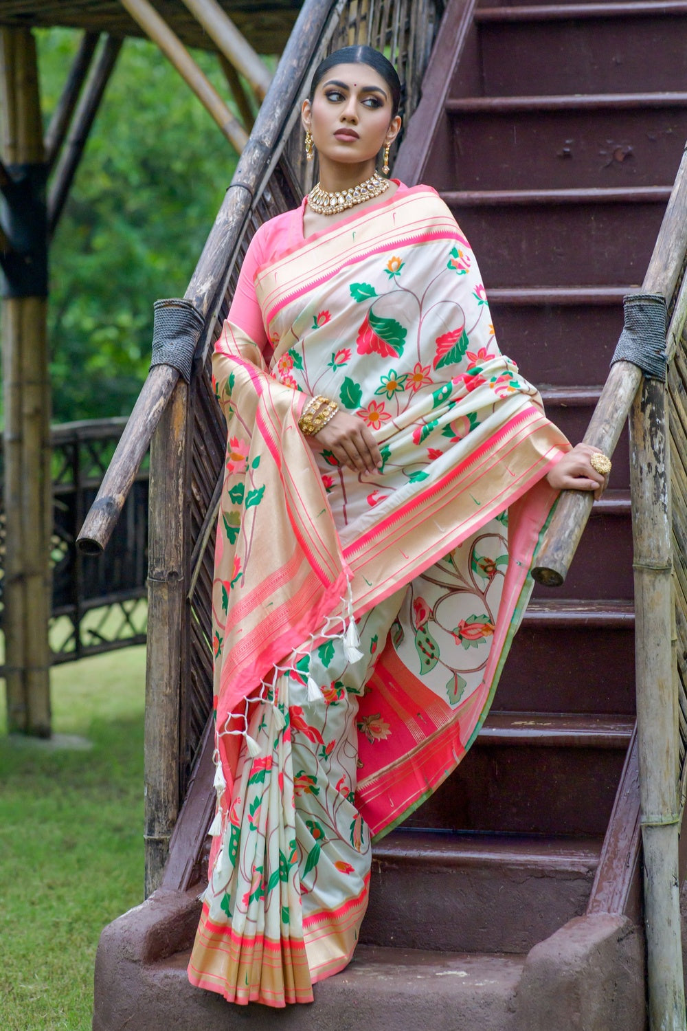 Off White Paithani Saree With Zari Weaving Work
