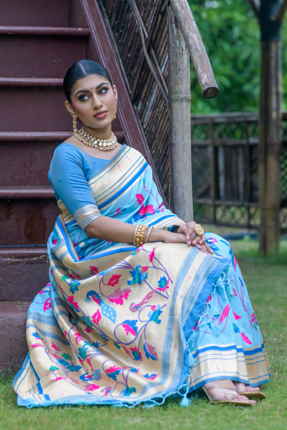 Sky Blue Paithani Saree With Zari Weaving Work