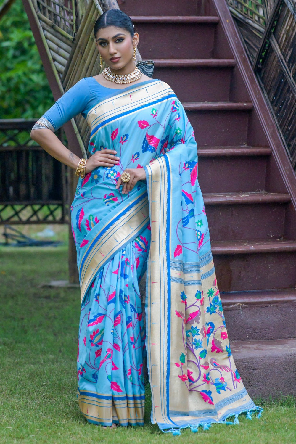 Sky Blue Paithani Saree With Zari Weaving Work