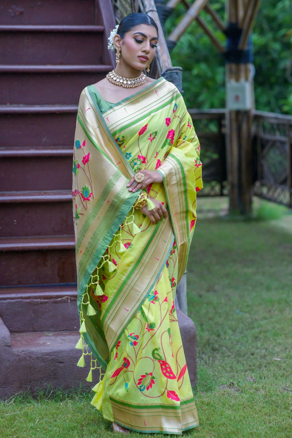 Lime Green Paithani Saree With Zari Weaving Work