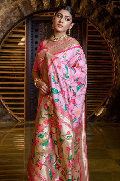 Baby Pink Paithani Saree With Zari Weaving Work