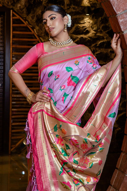 Lavender Paithani Saree With Zari Weaving Work