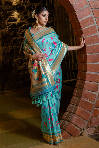 Light Blue Paithani Saree With Zari Weaving Work