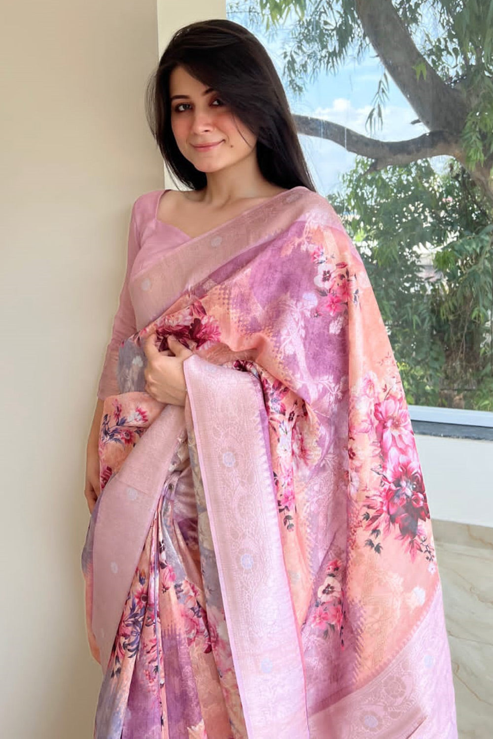 Baby Pink Maheshwari Silk Saree With Digital Printed Work