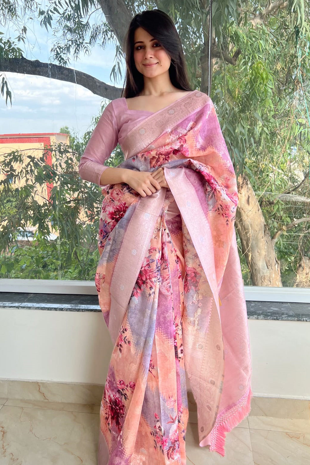 Baby Pink Maheshwari Silk Saree With Digital Printed Work