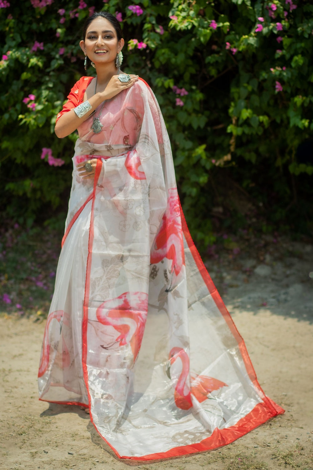 White &amp; Red Organza Saree With Printed Work