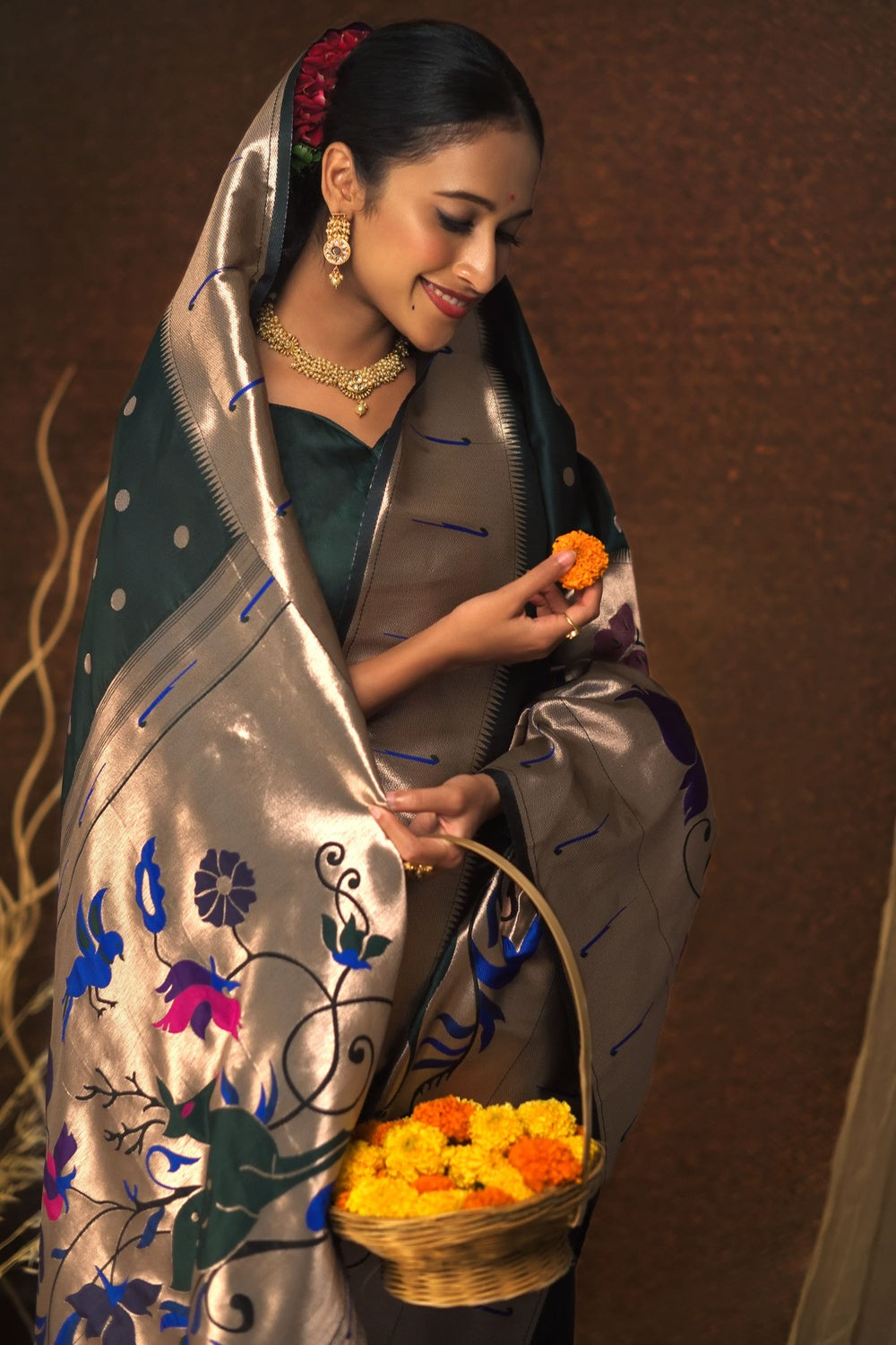 Bottle Green Paithani Saree With Zari Weaving Work