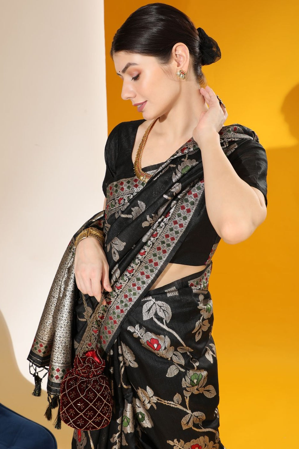 Black Tussar Silk Saree With Zari Weaving Work
