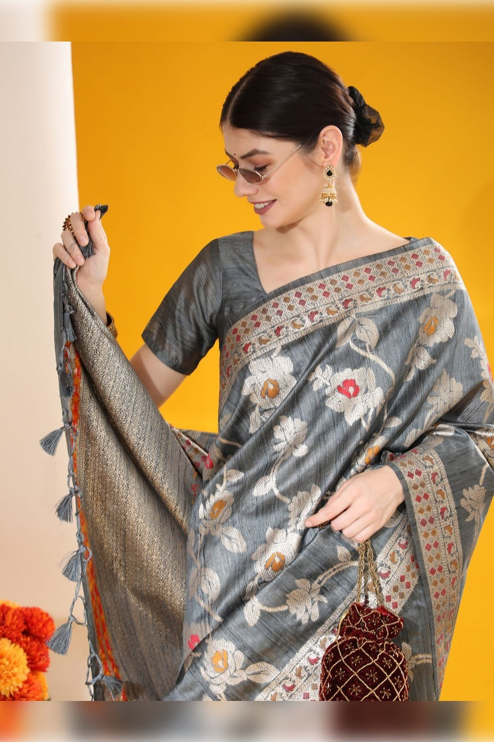 Gray Tussar Silk Saree With Zari Weaving Work