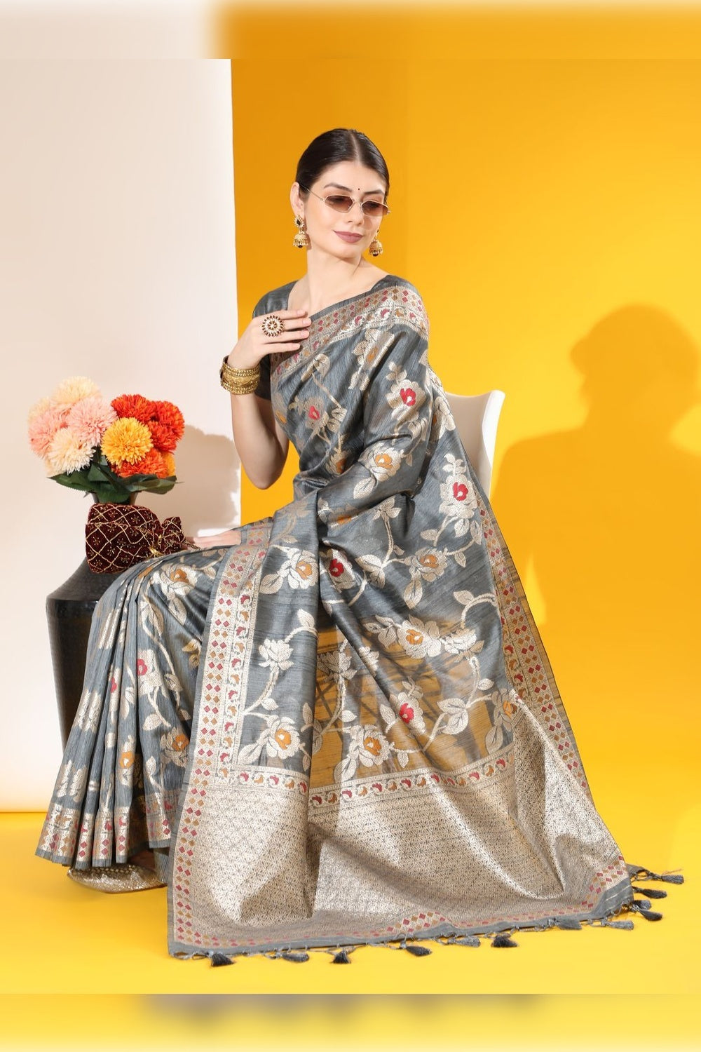 Gray Tussar Silk Saree With Zari Weaving Work