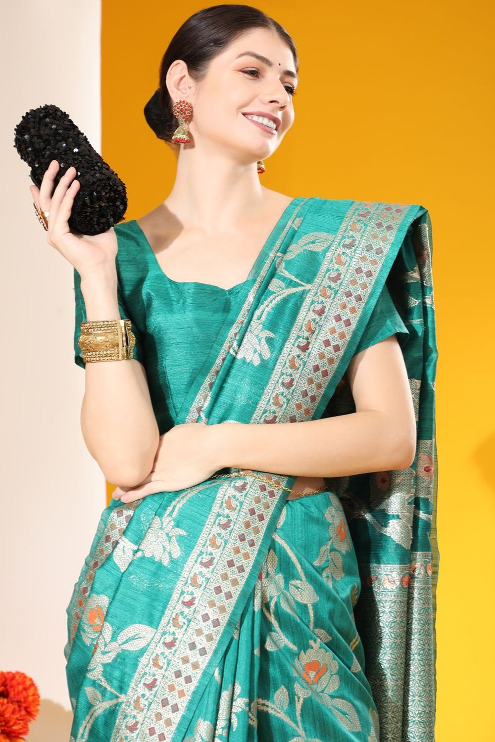Rama Blue Tussar Silk Saree With Zari Weaving Work
