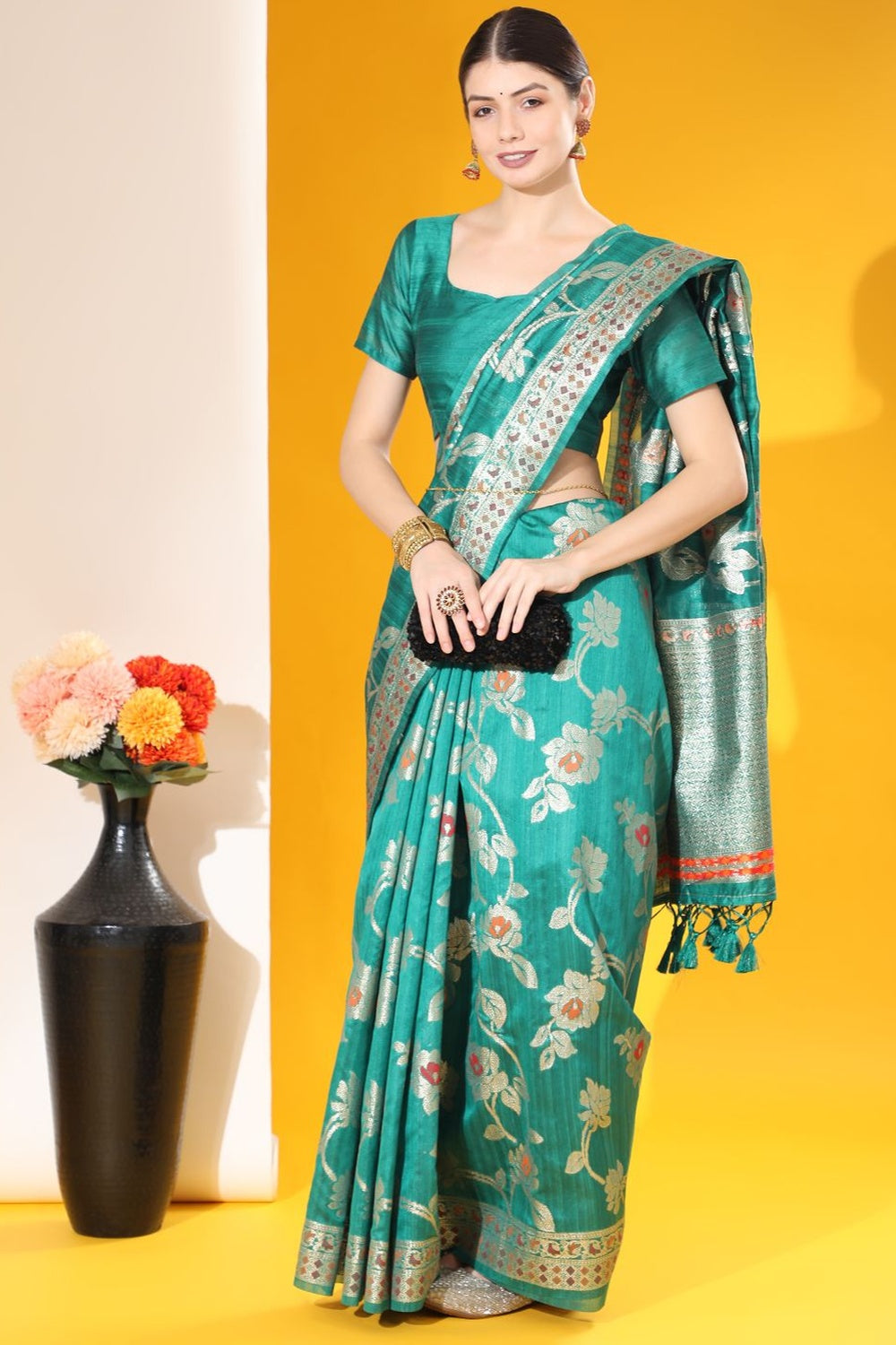 Rama Blue Tussar Silk Saree With Zari Weaving Work