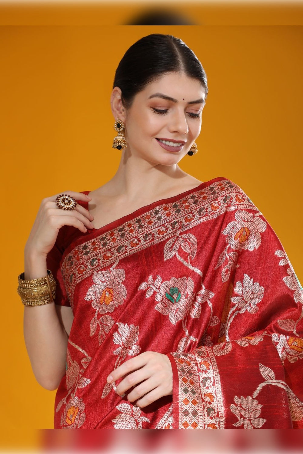Red Tussar Silk Saree With Zari Weaving Work