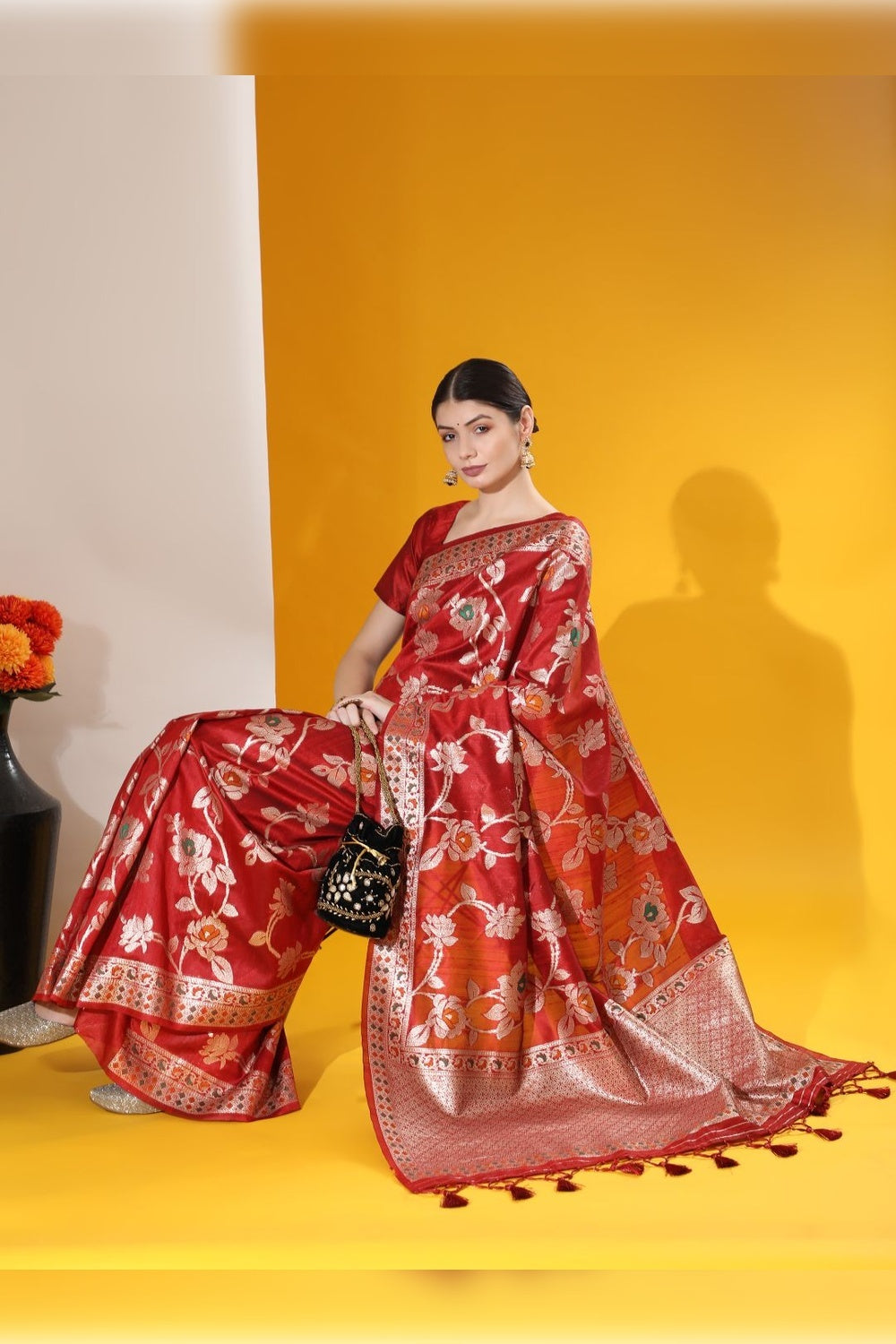 Red Tussar Silk Saree With Zari Weaving Work