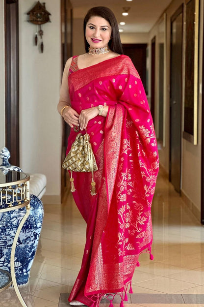 Bright Pink Banarasi Silk Saree With Zari Weaving Work