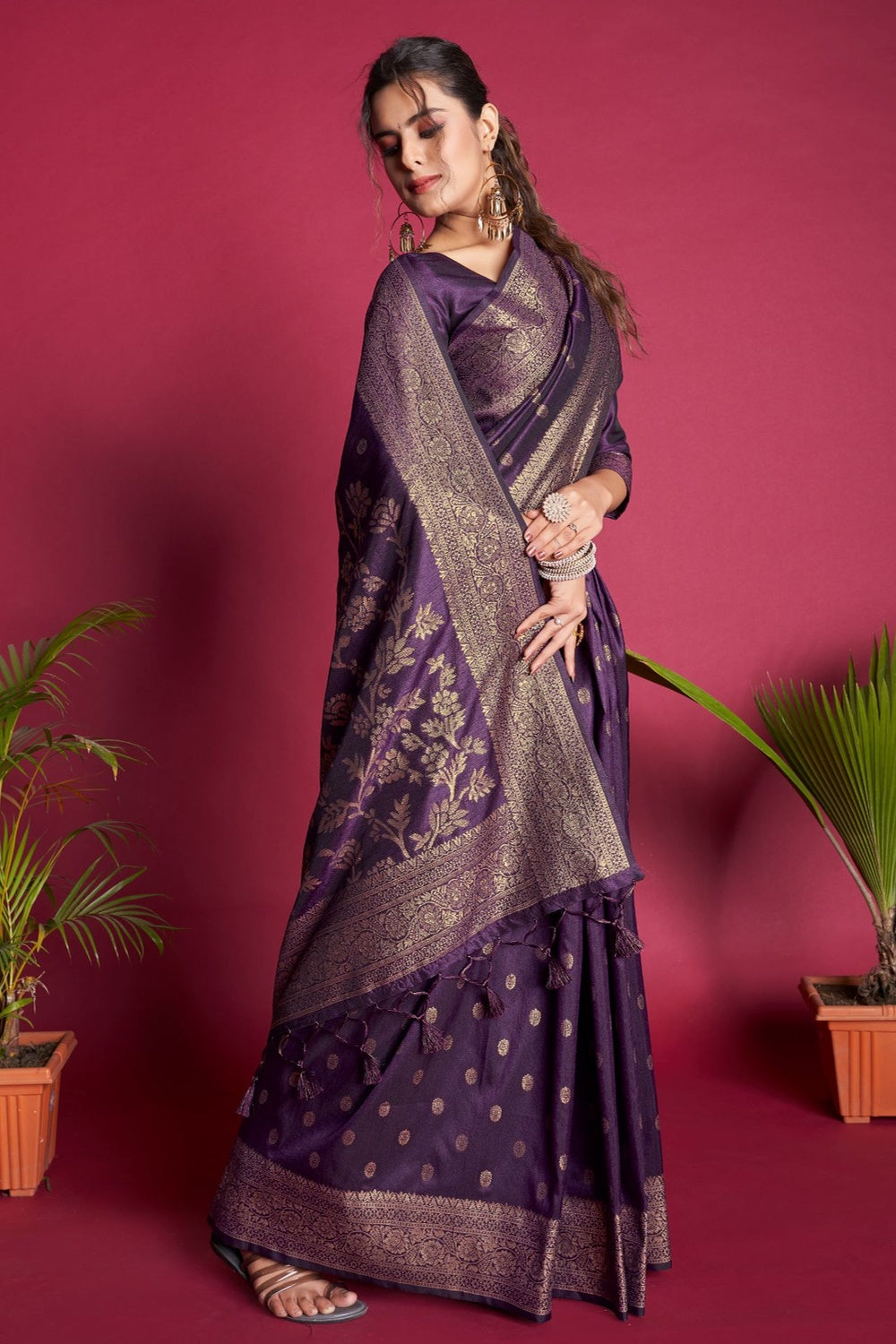Dark Purple Banarasi Silk Saree With Zari Weaving Work