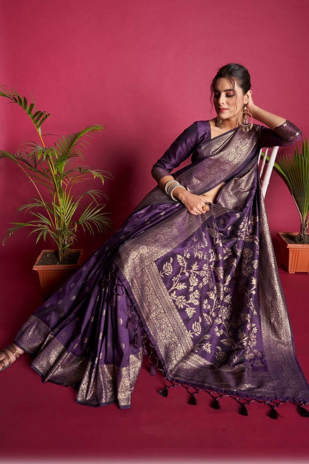 Dark Purple Banarasi Silk Saree With Zari Weaving Work