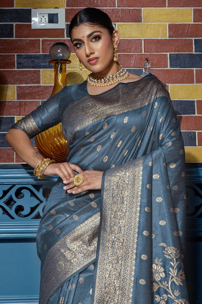 Gray Banarasi Silk Saree With Zari Weaving Work