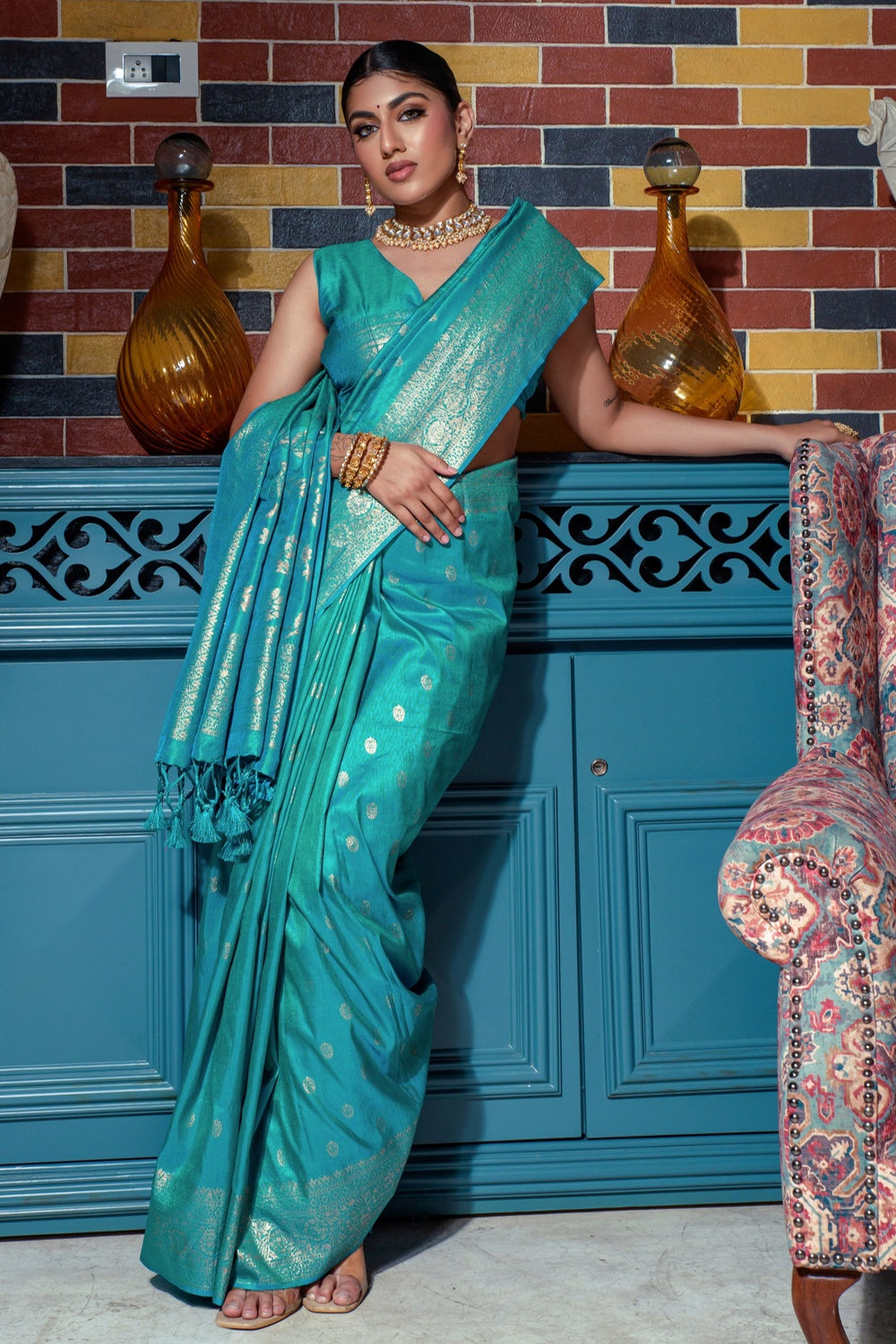 Firozi Banarasi Silk Saree With Zari Weaving Work