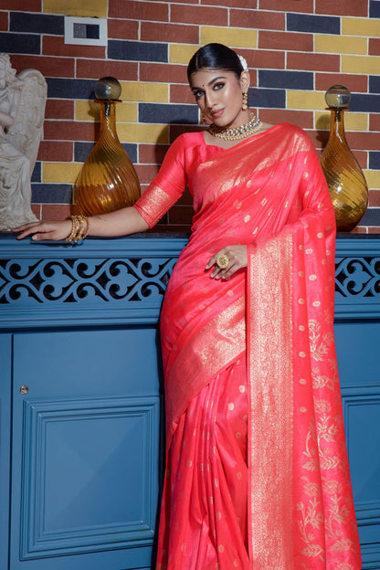 Gajari Banarasi Silk Saree With Zari Weaving Work