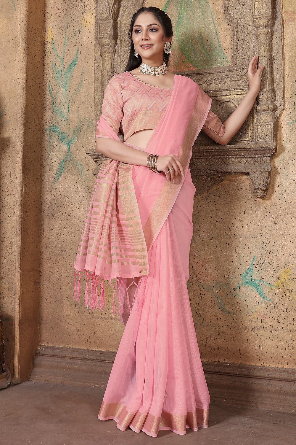 Bubblegum Pink Soft Linen Saree With Zari Weaving Work