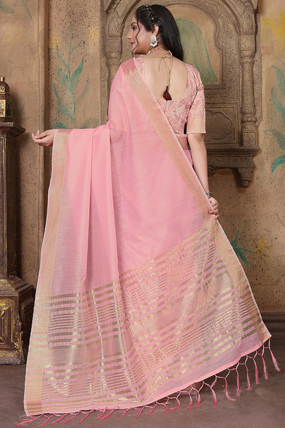 Bubblegum Pink Soft Linen Saree With Zari Weaving Work