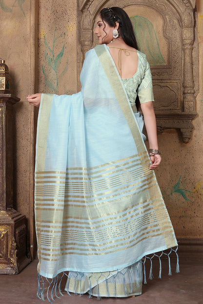 Sky Blue Soft Linen Saree With Zari Weaving Work