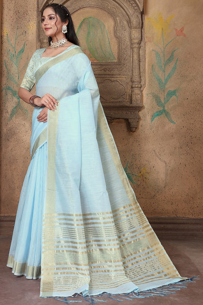 Sky Blue Soft Linen Saree With Zari Weaving Work