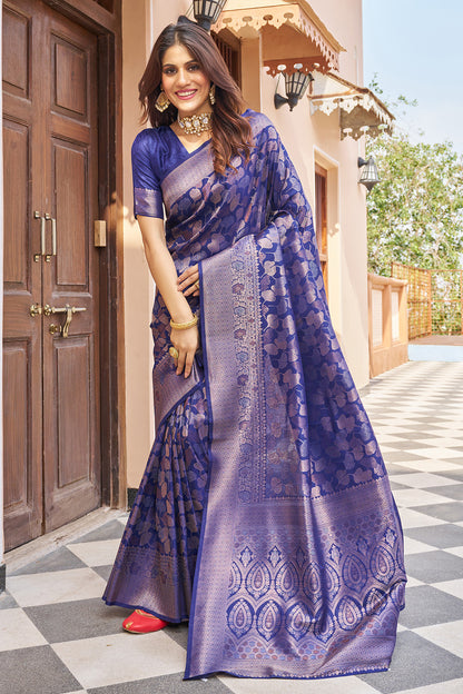 Navy Blue Kanjivaram Silk Saree With Weaving Work