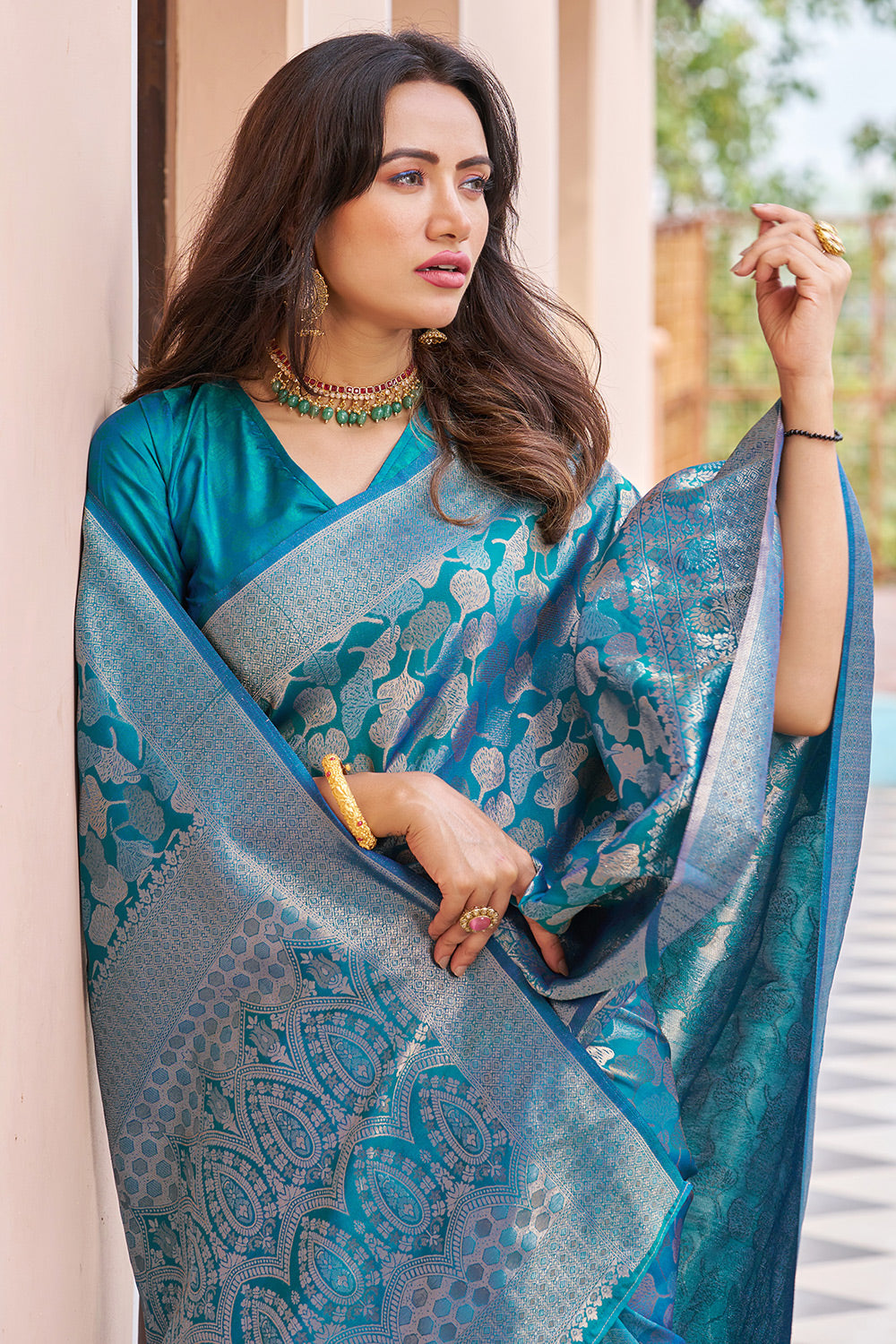 Rama Blue Kanjivaram Silk Saree With Weaving Work