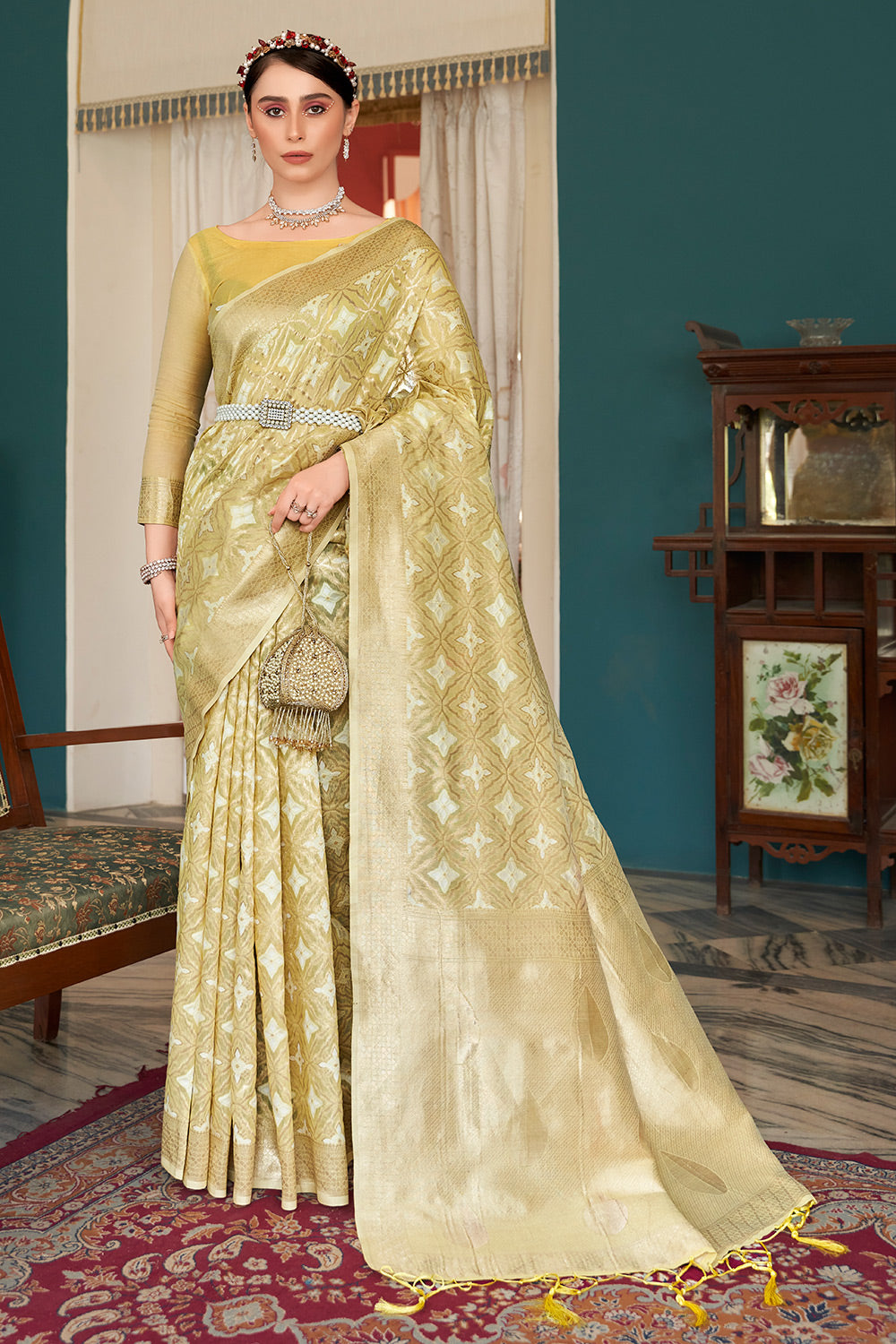 Olive Green Cotton Saree With Weaving Work