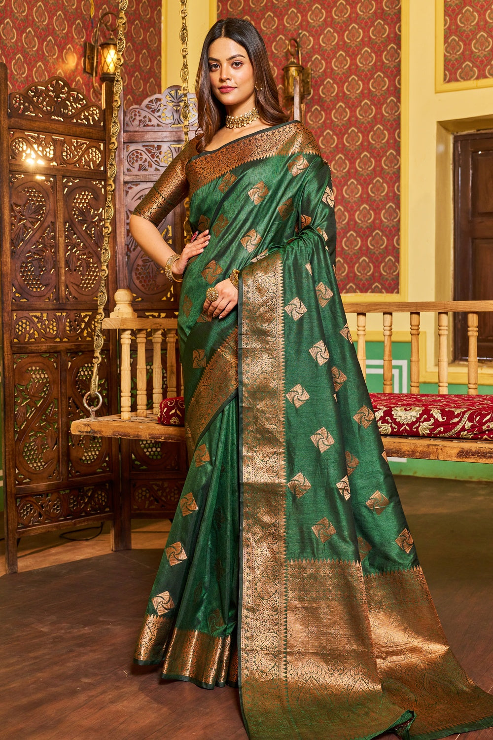 Green Kathan Silk Saree With Zari Weaving Work