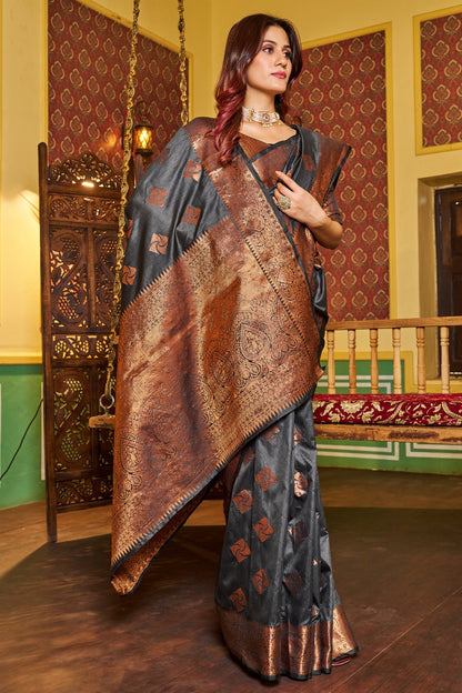 Charcoal Gray Kathan Silk Saree With Zari Weaving Work